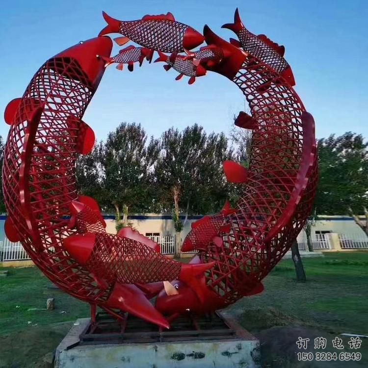鏤空魚跨環雕塑廠家 現代抽象擺件 戶外切面魚跨環雕塑