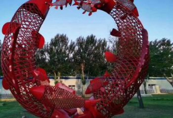 鏤空魚跨環雕塑廠家 現代抽象擺件 戶外切面魚跨環雕塑