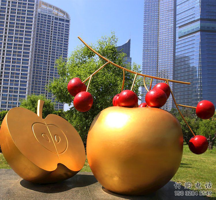 創意金蘋果雕塑廠家 現代小品 公園不銹鋼金蘋果雕塑廠
