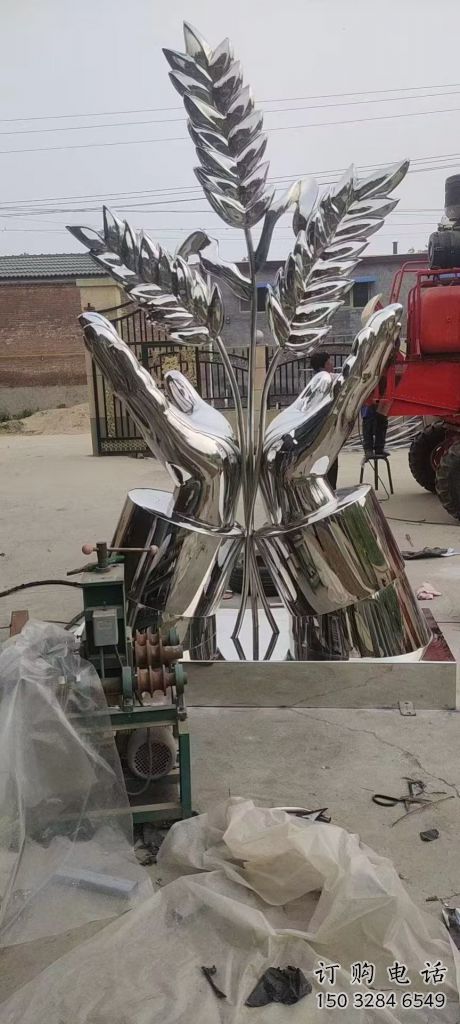 鏡面水稻雕塑廠家 烤漆大型擺件 仿真不銹鋼水稻雕塑廠