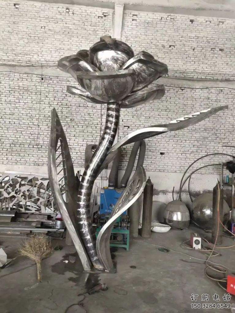 幾何月季花雕塑廠家 鏡面小品 現代不銹鋼月季花雕塑廠
