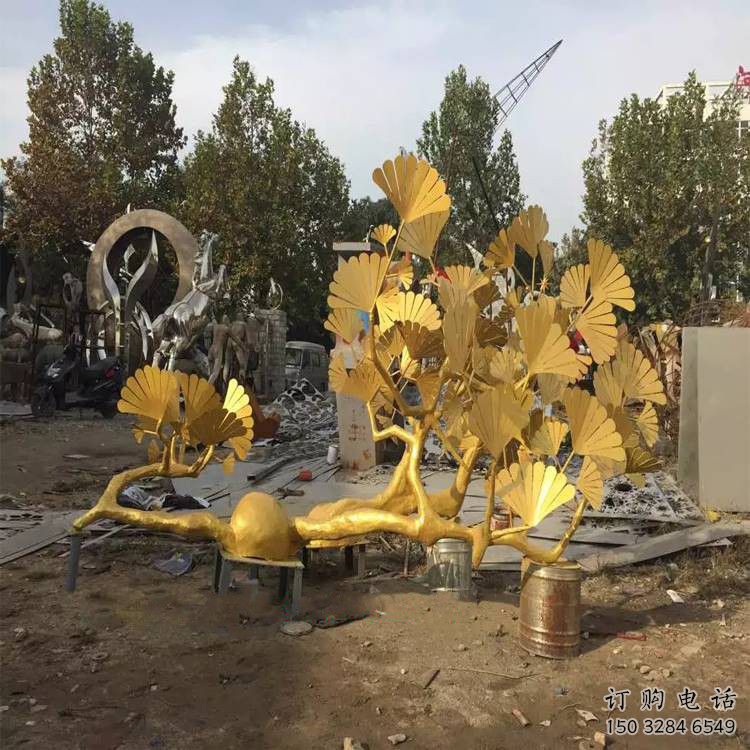 中式銀杏葉雕塑廠家 烤漆小品 游樂場不銹鋼銀杏葉雕塑廠