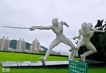 鏤空擊劍雕塑廠家 園林小品  廣場創(chuàng)意不銹鋼擊劍雕塑擺件