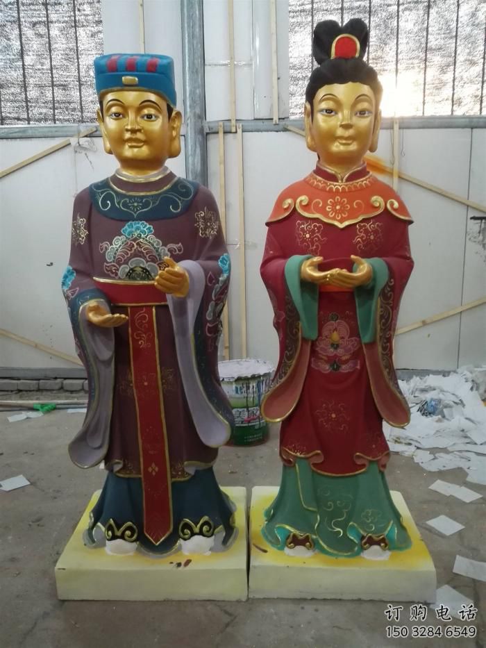 大型金童玉女雕塑廠家 鑄造小品  彩繪金童玉女雕塑