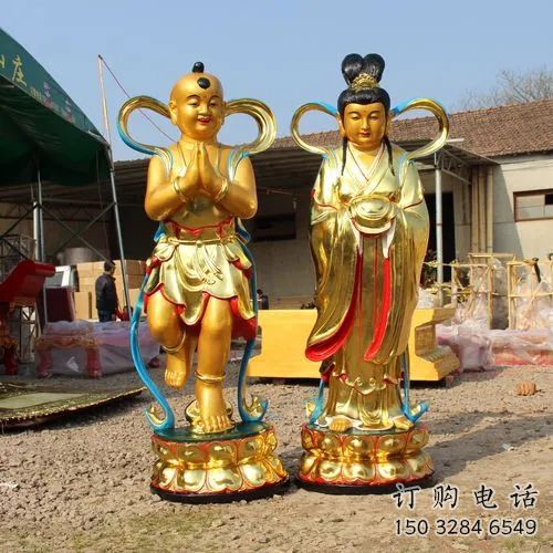 中式金童玉女雕塑廠家 烤漆小品  鍍金金童玉女雕塑