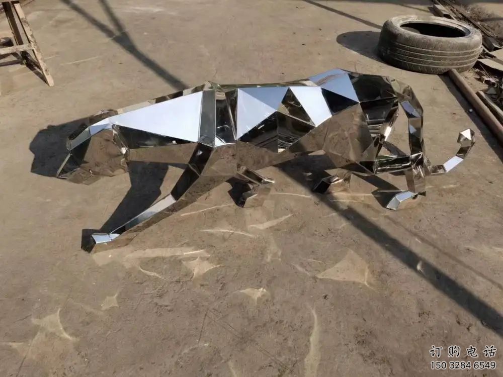 幾何金錢豹雕塑廠家 幼兒園小品  鏡面不銹鋼金錢豹雕塑