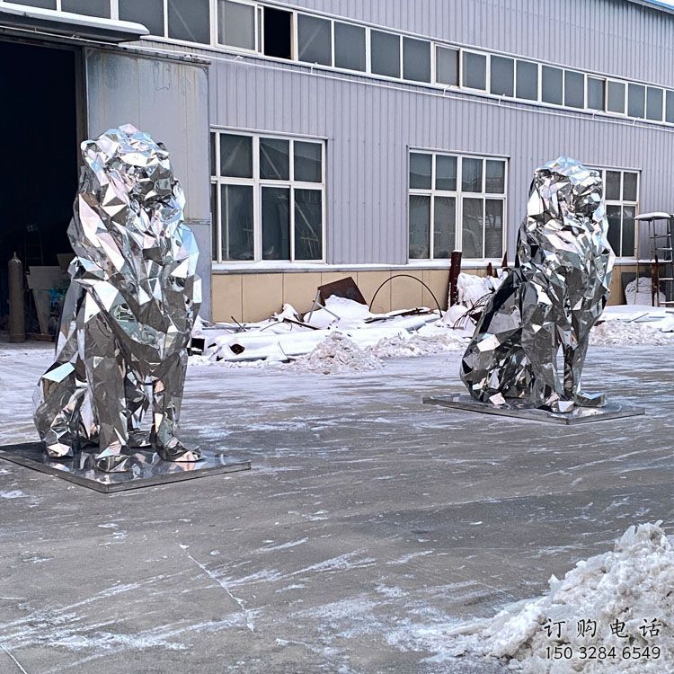 景區(qū)獅子雕塑優(yōu)選，圓雕體系，幾何不銹鋼獅子雕塑選定