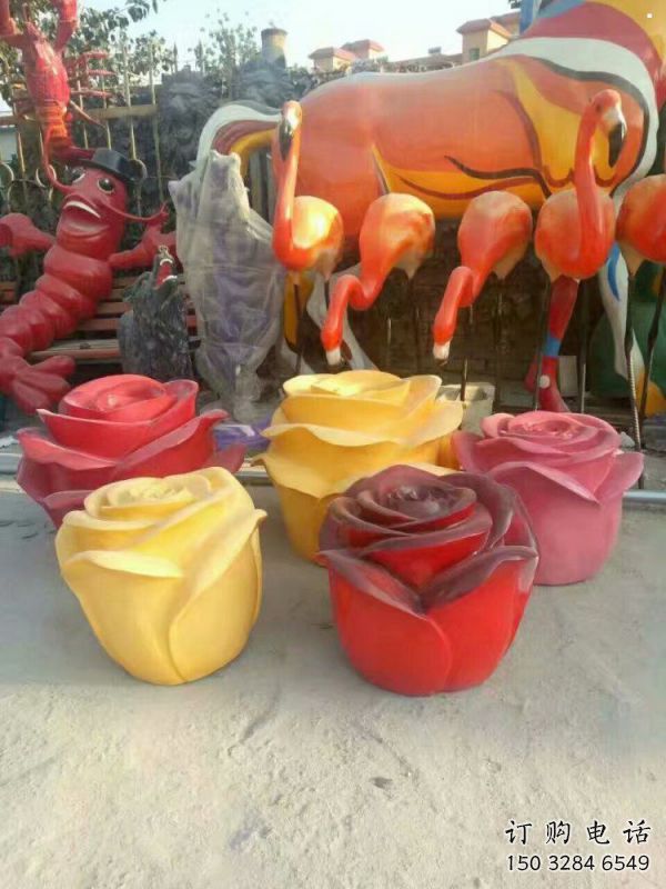 彩繪玫瑰花雕塑制作，景觀概念，廣場玻璃鋼玫瑰花雕塑常用