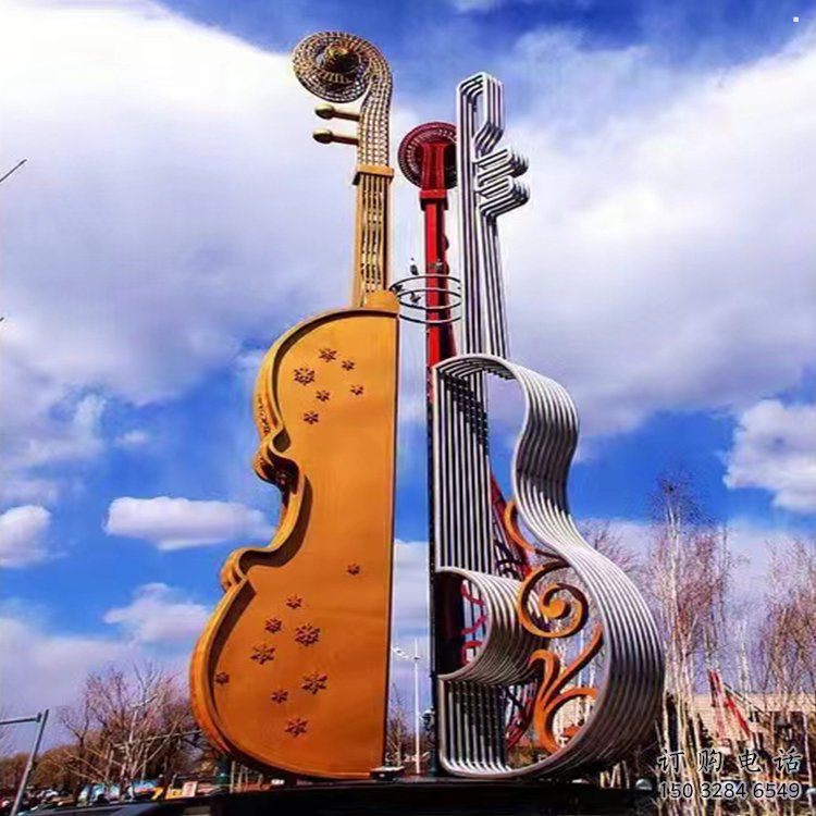 大提琴雕塑制作，村標概念，不銹鋼大提琴雕塑專供