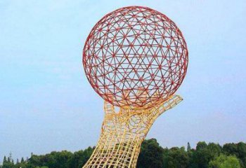 火球雕塑定制，市標雕塑，鏤空手托火球雕塑廠家