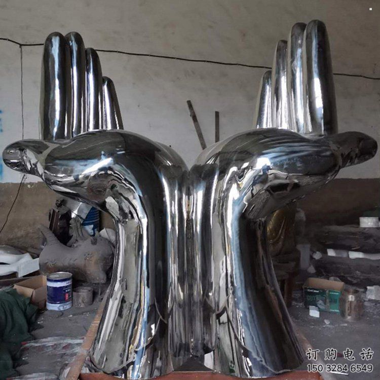 雙手雕塑廠家，酒店擺件，鏡面不銹鋼雙手雕塑訂做