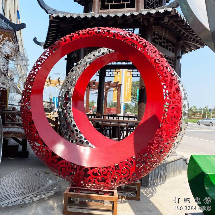雙環雕塑生產，鏤空烤漆工藝，不銹鋼雙環雕塑制作